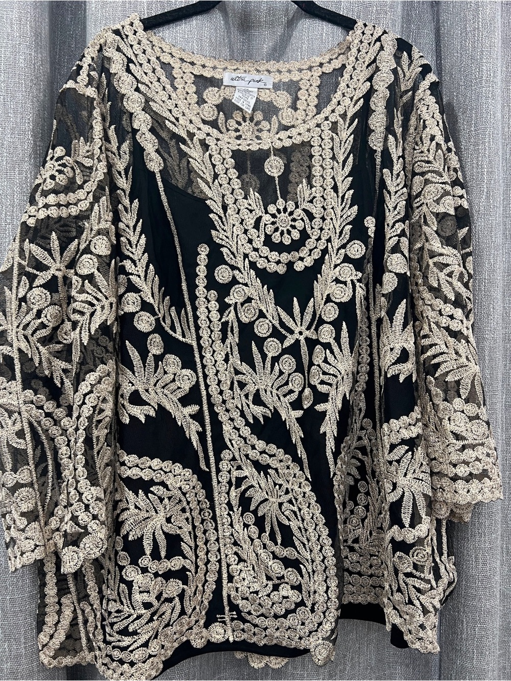 Altar'd State Black Tunic with Cream Floral Lace Embroidery